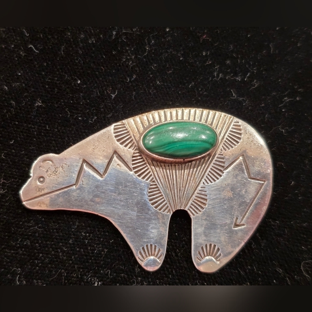 Navajo Native American Medicine Bear Sterling Malachite Pin Pendant Rick Werito